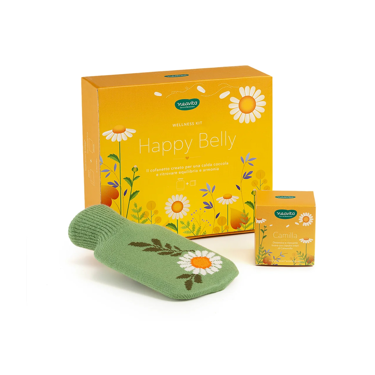 Wellness-kit-cofanetto-Happy-Belly-giallo-con-7filtri-camomilla-e-borsa-acqua-calda-Neavita